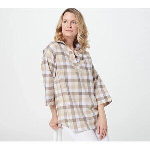 NWT Isaac Mizrahi Live! Shirt Sz XL Brown Madras Plaid Poplin Pullover Relaxed